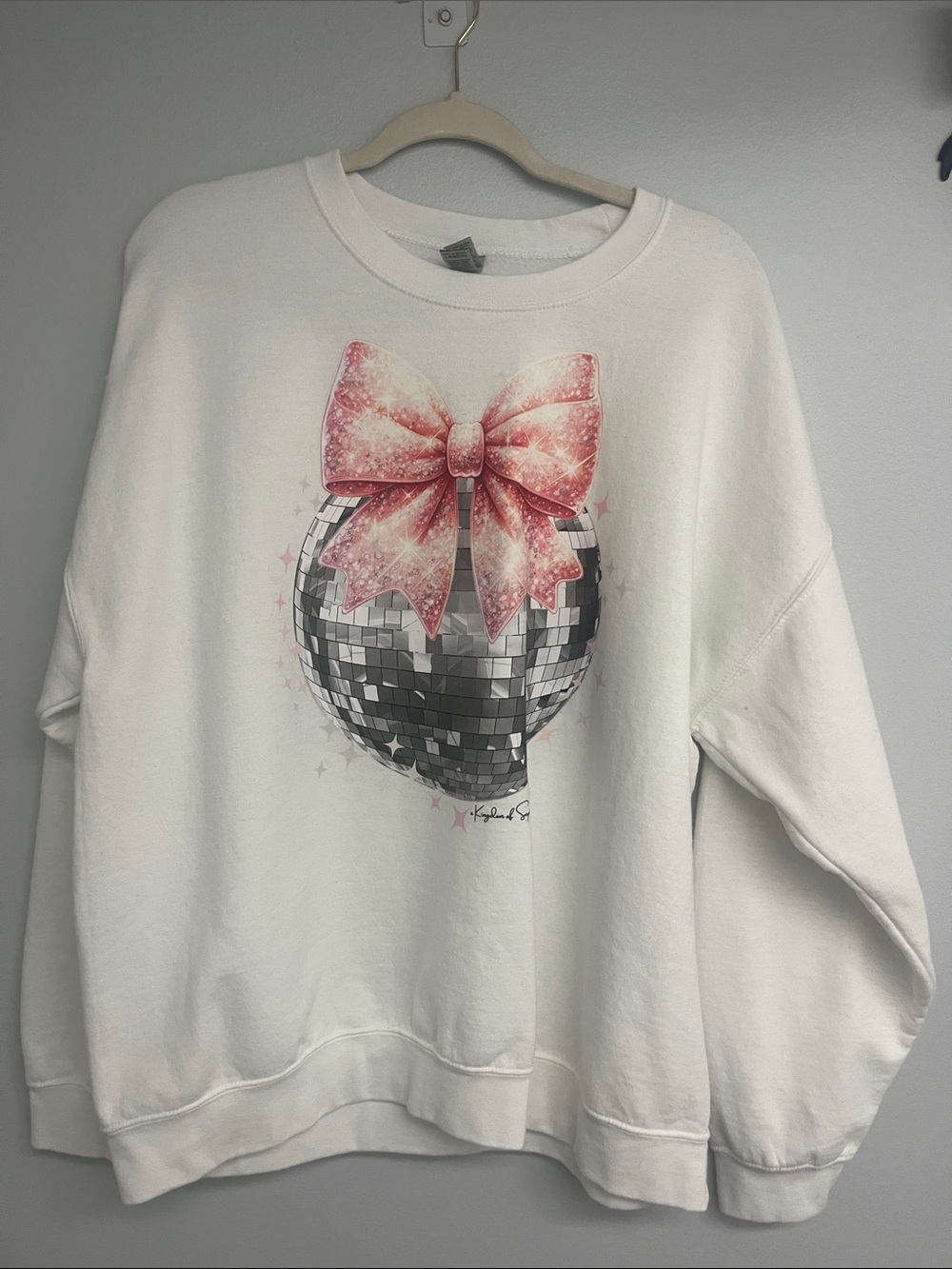 White Kingdom of Sequins Sweatshirt with Disco Ball & Pink Bow Graphic